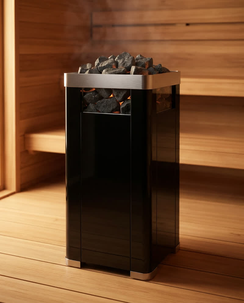 Premium black glass-clad sauna heater column with volcanic stones
