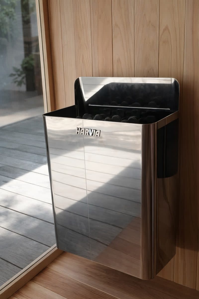 Steel electric sauna heater installed in a 5 Elements sauna in Bali