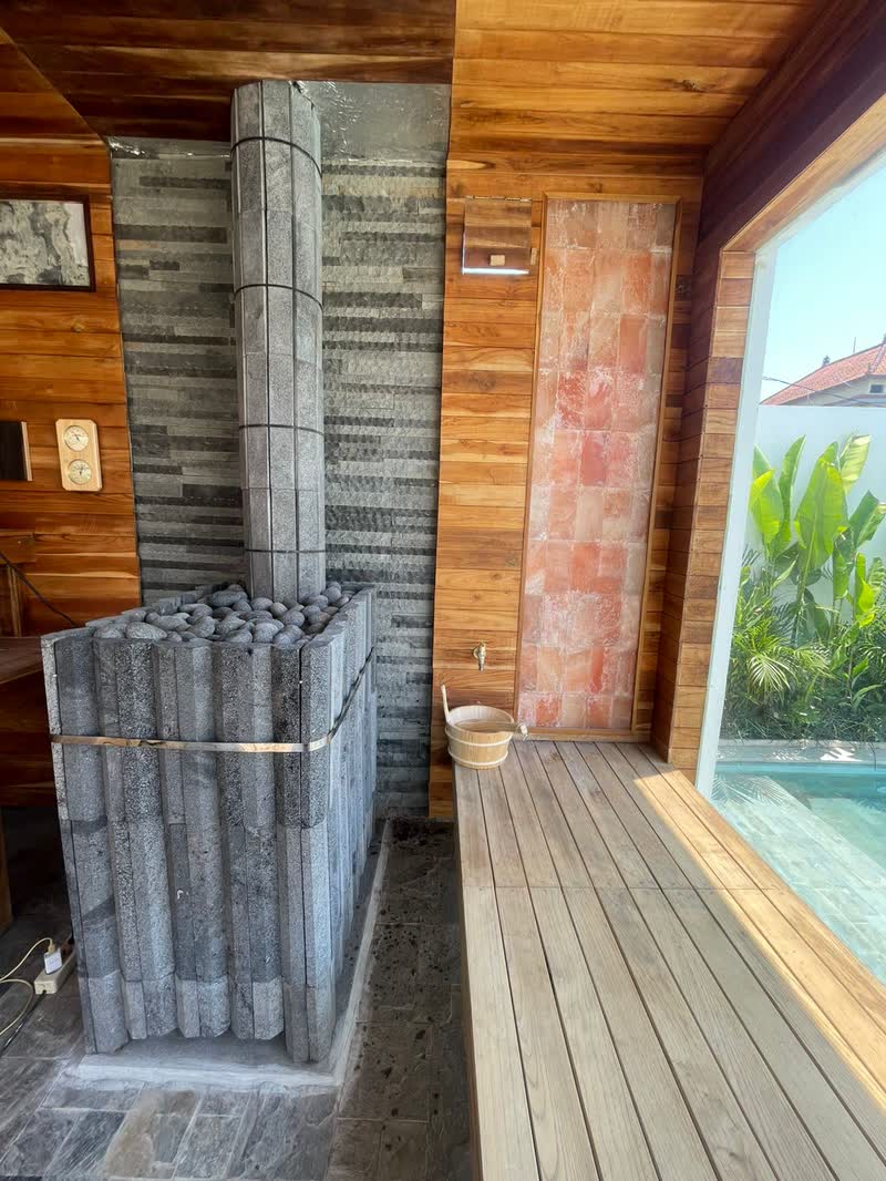 Himalayan salt bricks and stone wall detail in a Bali wellness project