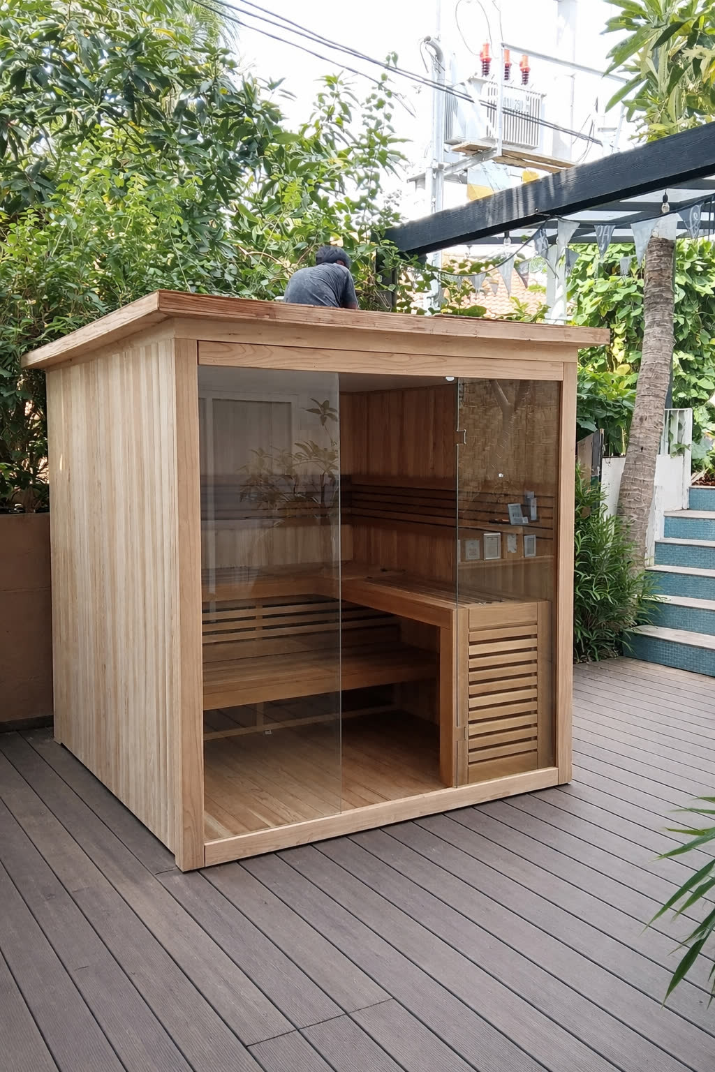 Outdoor custom sauna cabin on a timber deck in Bali