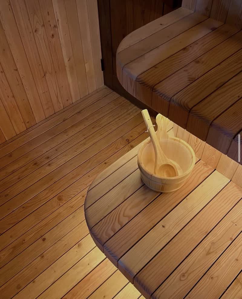 Curved sauna bench detail in tropical hardwood, Bali