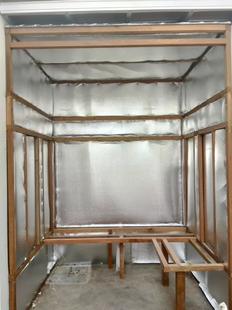 Sauna renovation in progress in Bali: framing and insulation before new cladding