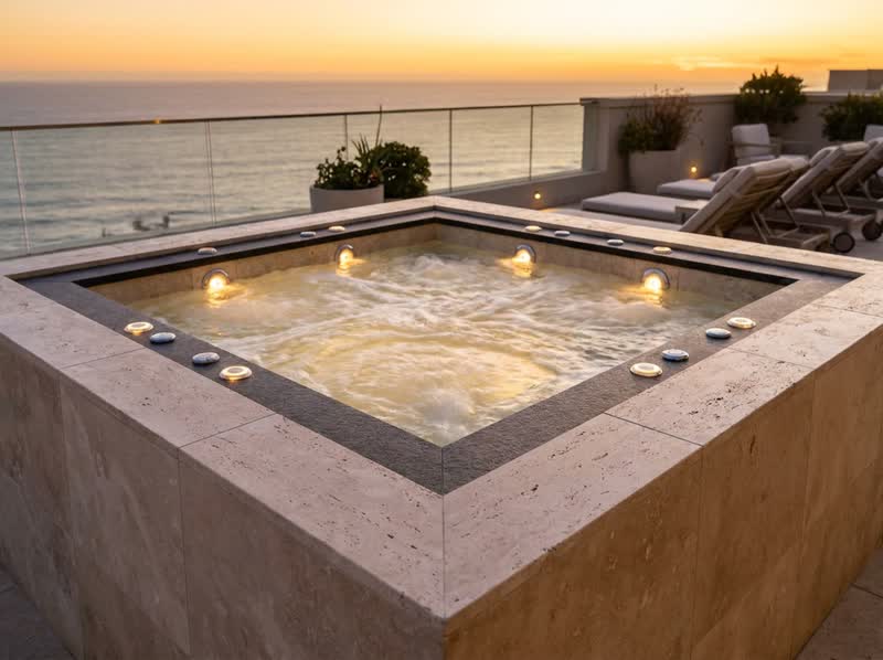 Garden cold plunge tub in a Bali wellness zone